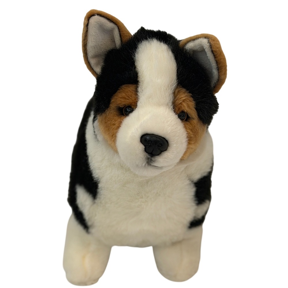 Auswella Plush Tri-Color Corgi Dog Standing Stuffed Animal Black White Tan 14"